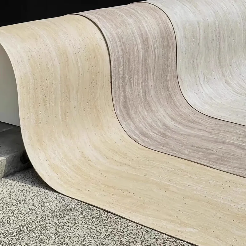 Flexible travertine-look wall panel samples